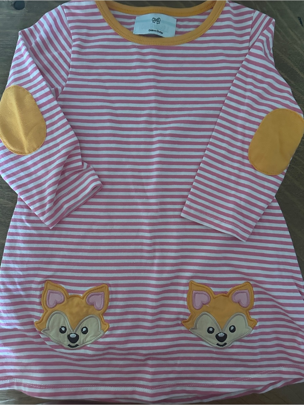City Beautiful Pink Striped Fox Patch Dress with Mustard Trim
